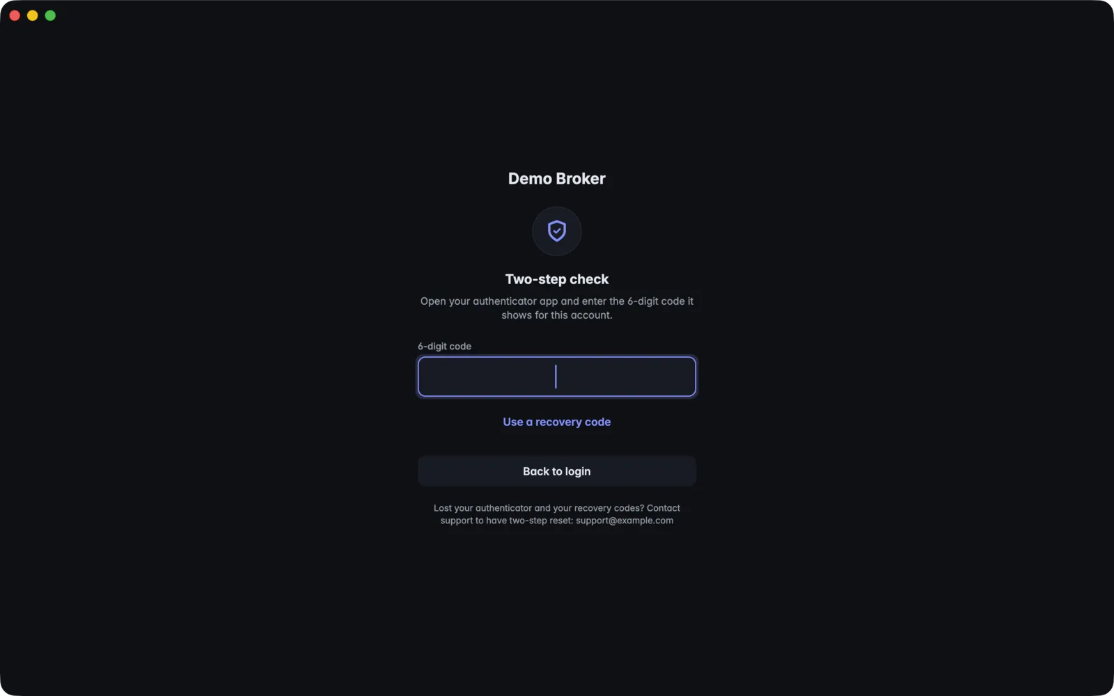 The desktop app sign-in step titled Two-step check, asking for a 6-digit authenticator code.
